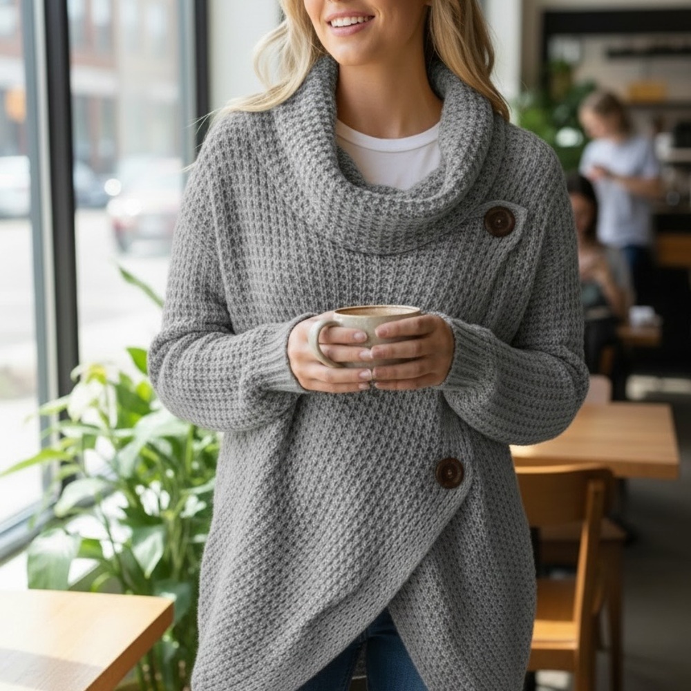 Miracle Gray Cowl Neck Sweater with Button Detail